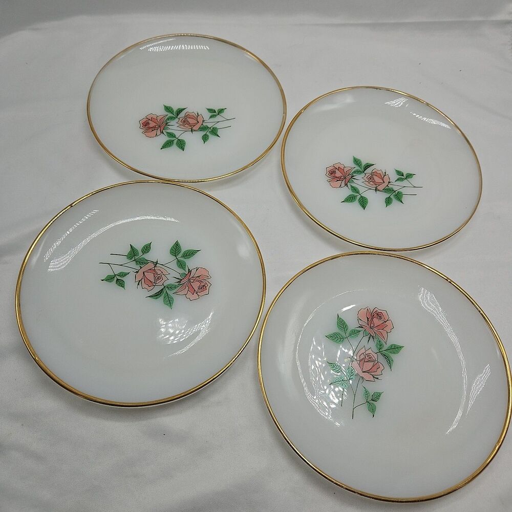 Vintage Fire King Anniversary Pink Rose Lot 4 Plates Milk Glass Gold Rim 7 3/8”
